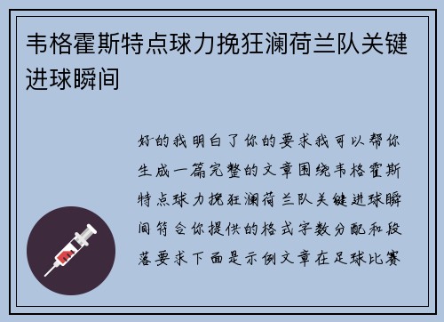 韦格霍斯特点球力挽狂澜荷兰队关键进球瞬间
